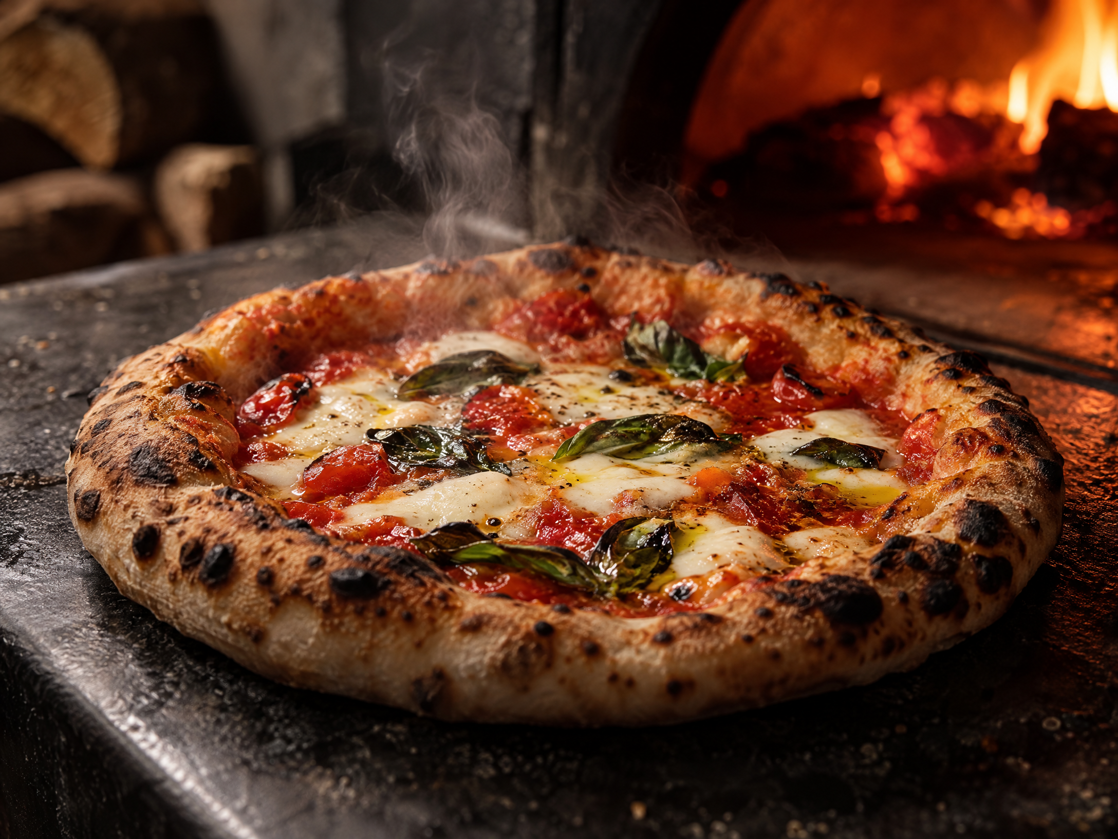 Pizza contemporanea appena sfornata con bordo alveolato e segni di cottura