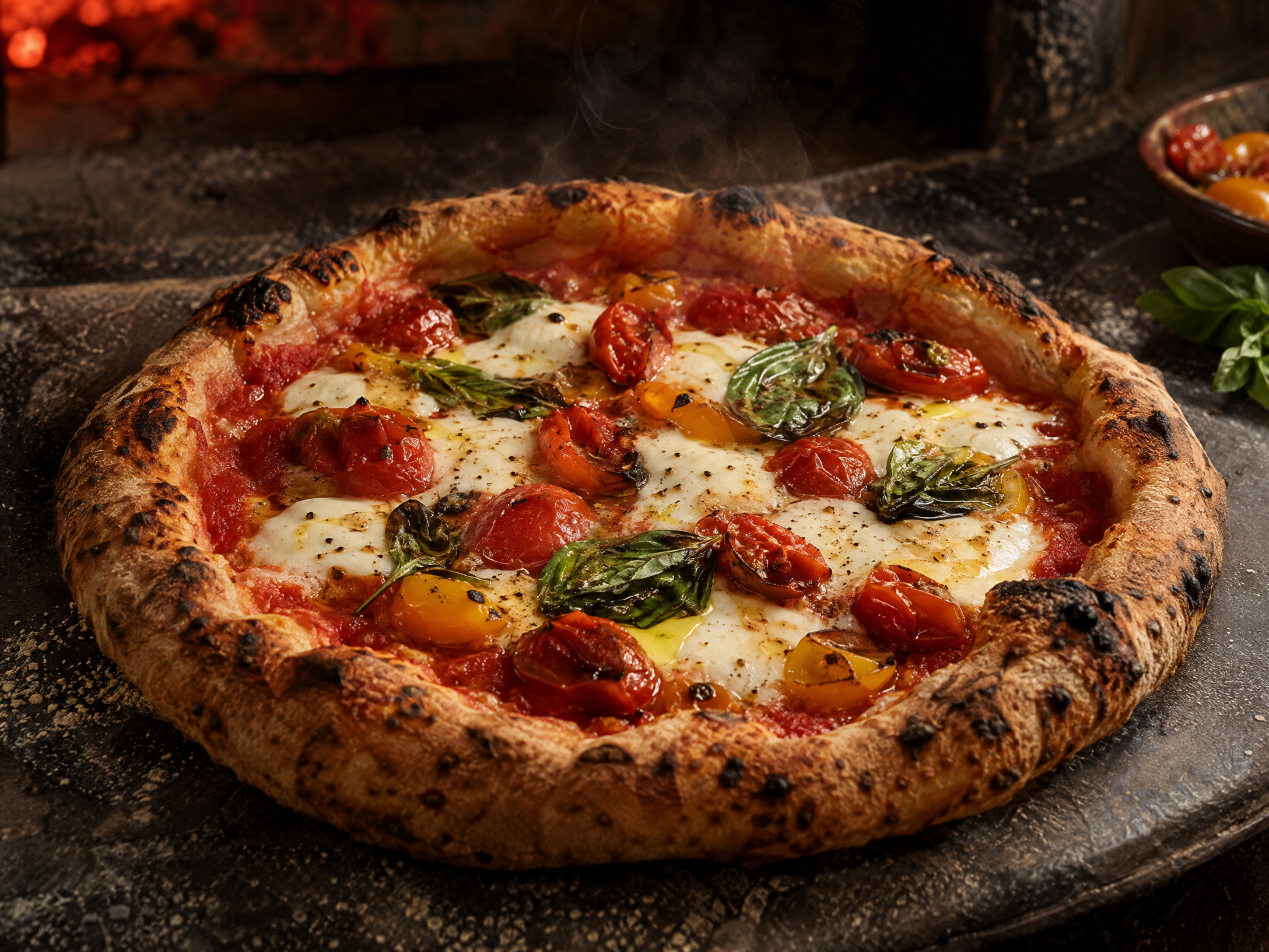 Seconda pizza contemporanea appena sfornata, con bordo leggermente caramellato