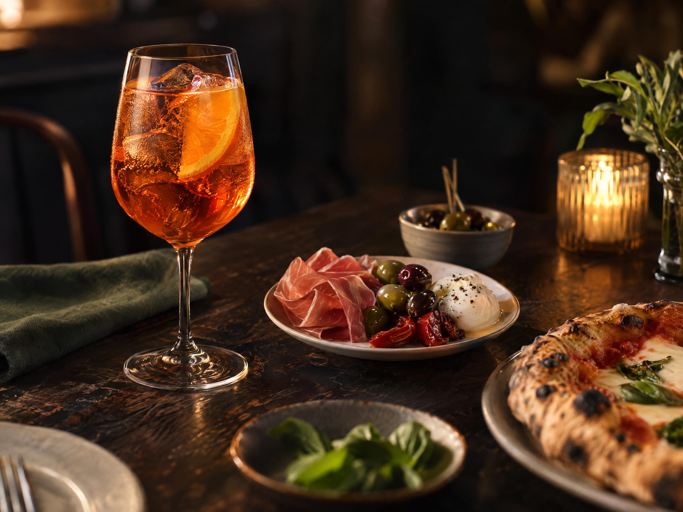 Spritz e piccoli assaggi accanto a una pizza, in luce calda
