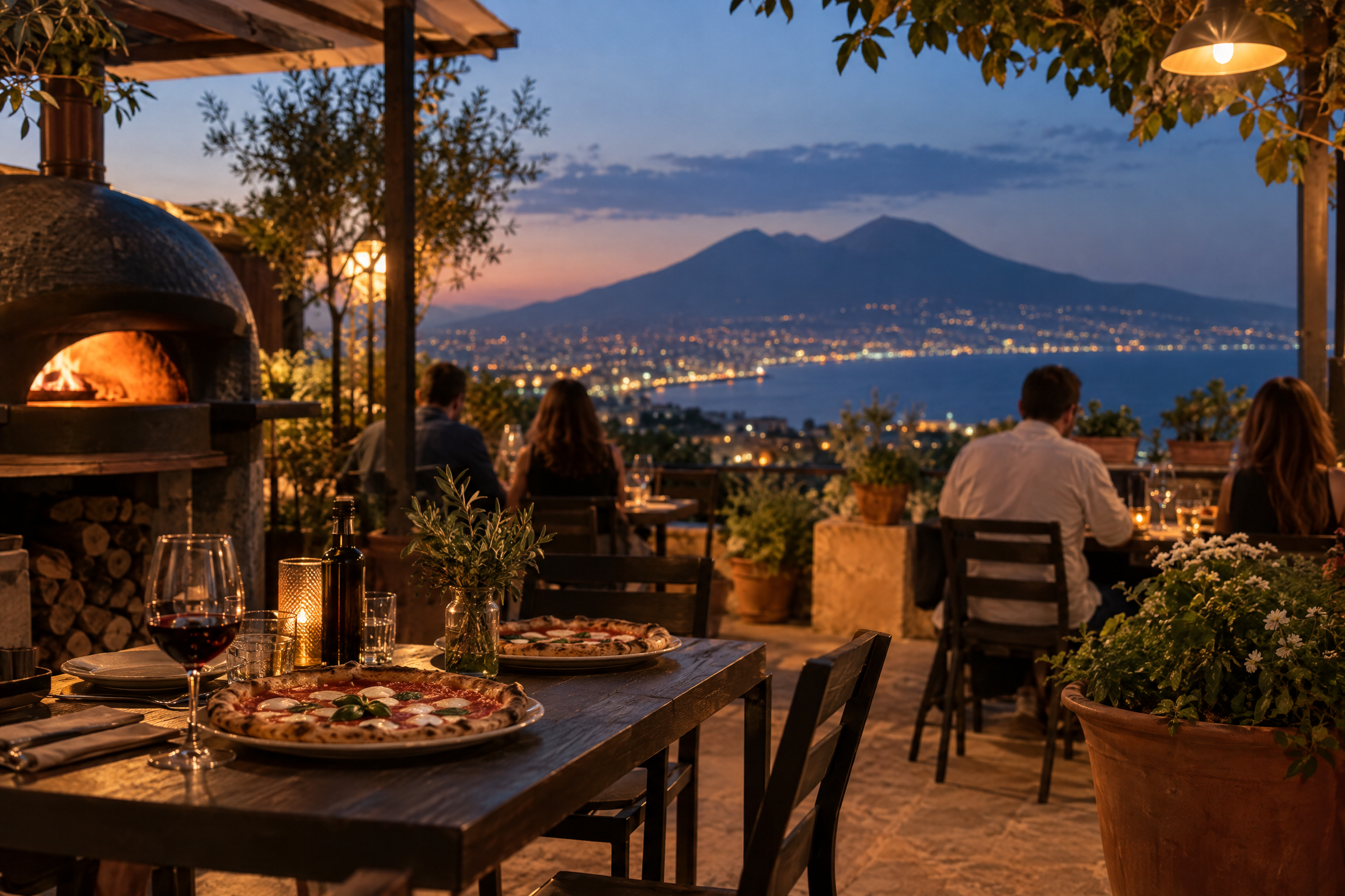 Atmosfera serale di una terrazza pizzeria, con tavoli e luci calde